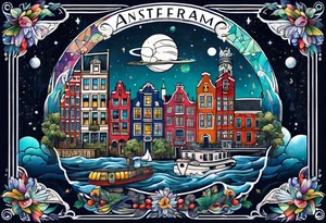 Tattoo of water in space featuring animals featuring Amsterdam buildings and canal in galaxy colours featuring animals and pineapples tattoo idea