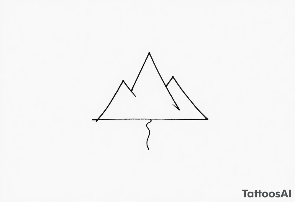 A minimalist geometric composition featuring three triangular peaks of varying sizes, forming a stylized mountain range. Each peak is outlined with clean, sharp lines, and the tallest peak is centered for balance. Below the mountains is a thin, straight horizontal line, representing a trail or path. tattoo idea