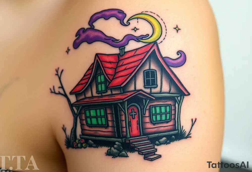 Tim Burton’s haunted pastel wood cabin home is abandoned and dripping with muted reds, dusty pinks, and eerie green glow.purple and cyan smokey clouds swirl in the crescent moonlit sky thats sprinkled with stars tattoo idea tattoo idea