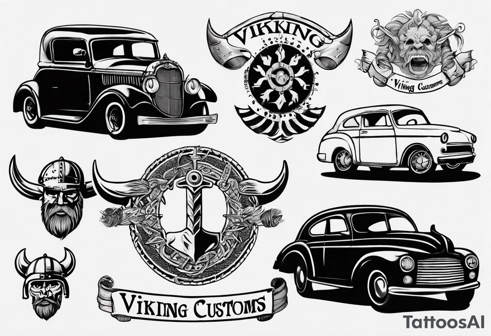 i want a tattoo of a viking and a old classic vintage car  and I want the words “Viking Customs” incorporated into the design tattoo idea