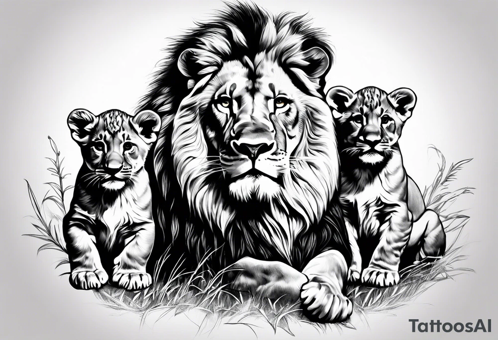 Lion overlooking 3 cubs tattoo idea