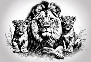 Lion overlooking 3 cubs tattoo idea