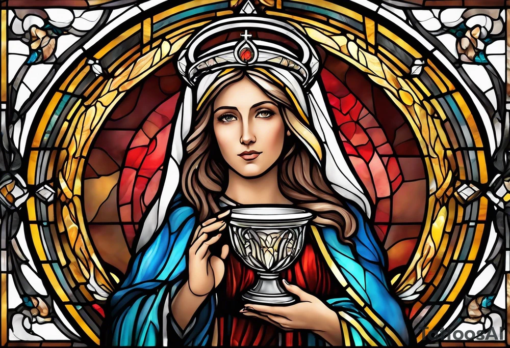 holy saint woman with halo stained glass holding a chalice tattoo idea