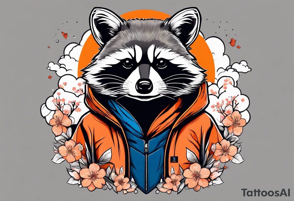 raccoon wearing a Superman hoodie with orange Japanese cherry blossoms tattoo idea