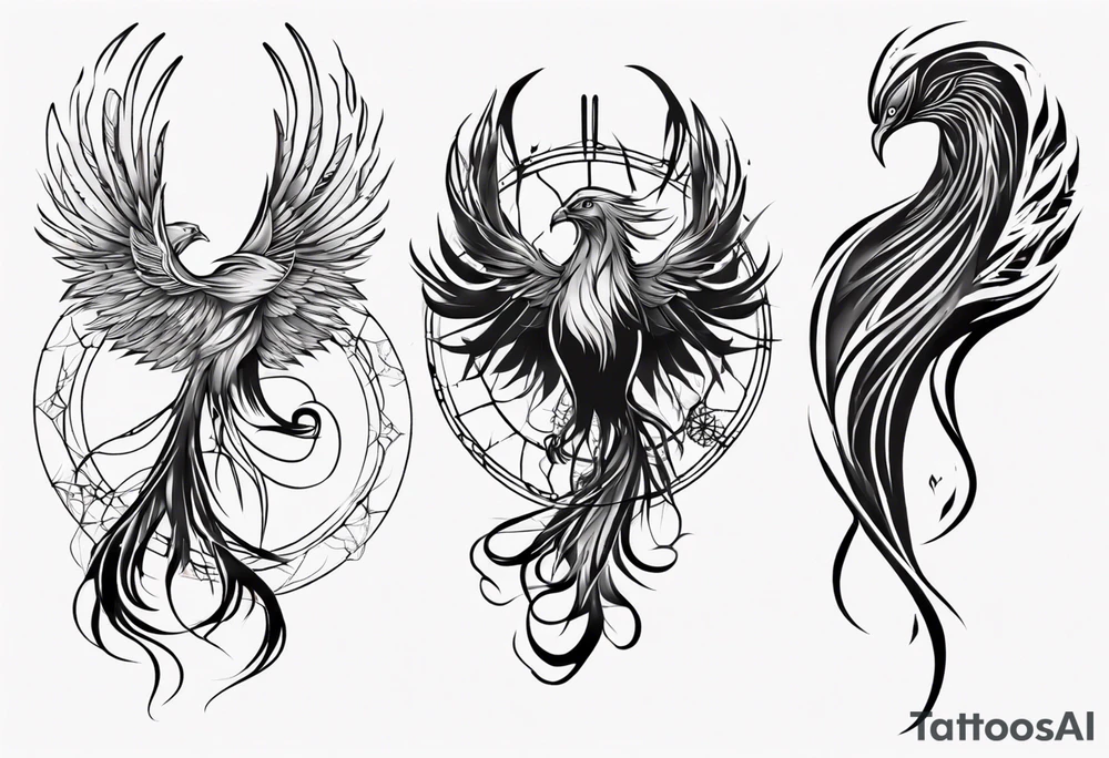 Phoenix with abstract dream catcher tail tattoo idea