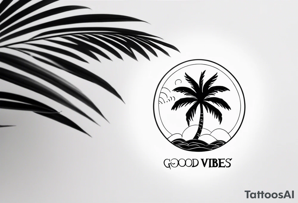 a minimalist tattoo of a sun and a palm tree with the words good vibes in it tattoo idea