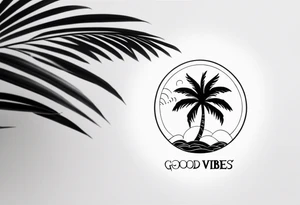 a minimalist tattoo of a sun and a palm tree with the words good vibes in it tattoo idea