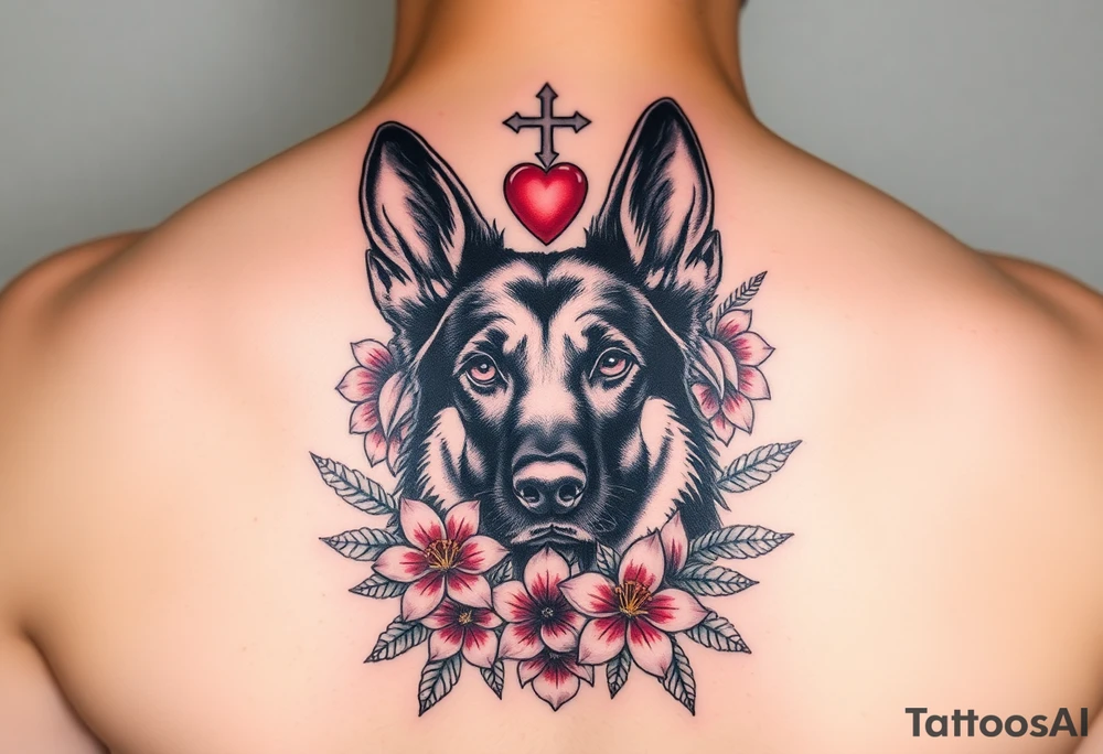 realistic german shepherd floral lilies watercolour style colourful in front of a sacred heart tattoo idea