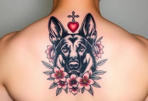 realistic german shepherd floral lilies watercolour style colourful in front of a sacred heart tattoo idea