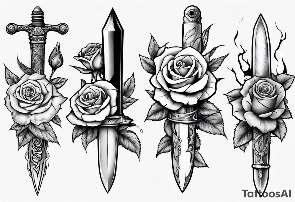 Dagger surrounded by roses tattoo idea