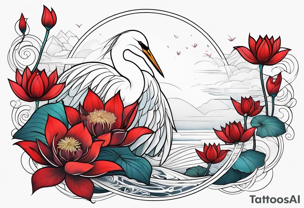 Egret and red lotuses tattoo idea