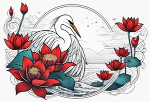 Egret and red lotuses tattoo idea