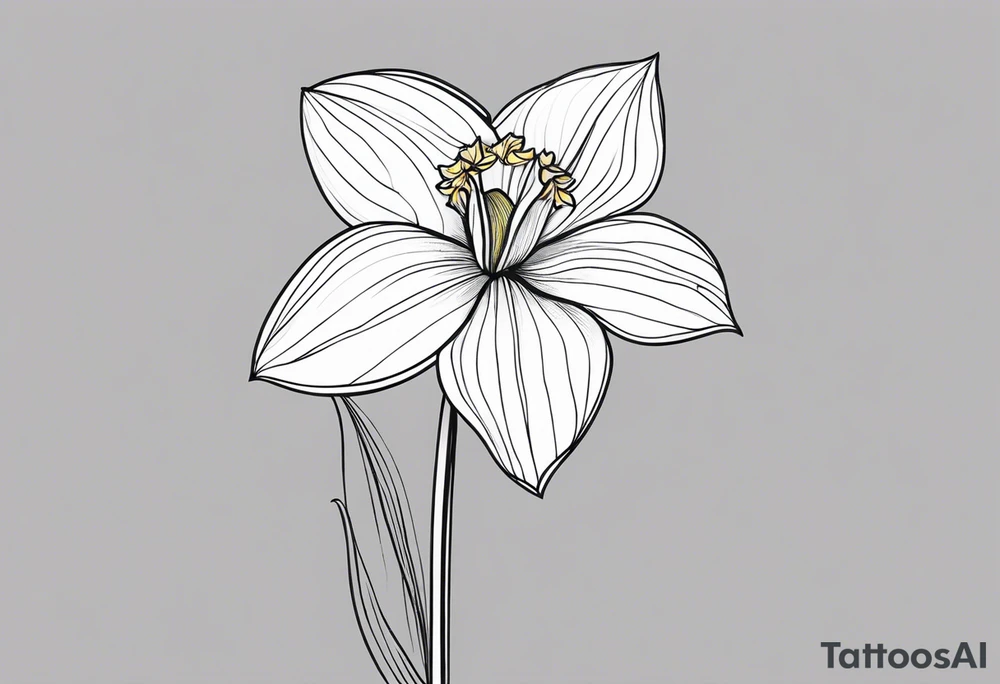 A minimalist daffodil flower. Let the daffodil flower be minimalist and have yellow lines. Let the stem of the flower extend downwards and instead of the stem write "muadil" in cursive tattoo idea