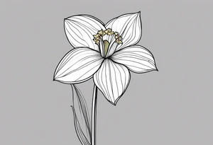 A minimalist daffodil flower. Let the daffodil flower be minimalist and have yellow lines. Let the stem of the flower extend downwards and instead of the stem write "muadil" in cursive tattoo idea