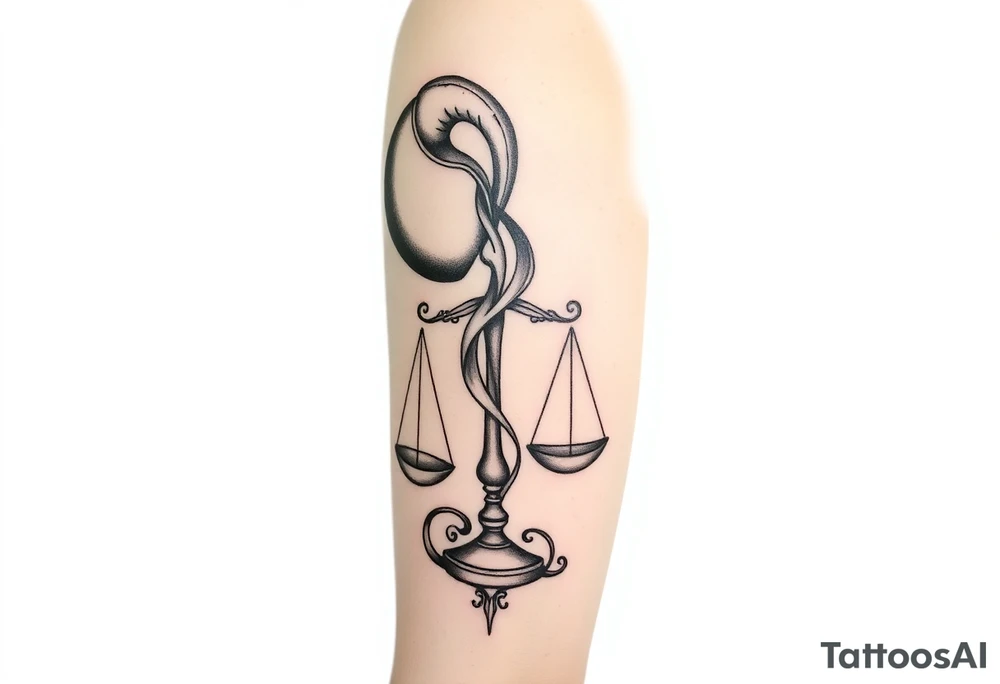 I want a tattoo that combines the Aquarius water bearer and the Libra scales. The water should flow elegantly from the jug, merging into or balancing the scales below. tattoo idea
