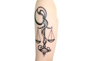 I want a tattoo that combines the Aquarius water bearer and the Libra scales. The water should flow elegantly from the jug, merging into or balancing the scales below. tattoo idea