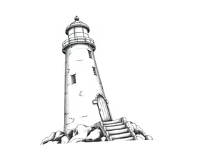 Lighthouse with rays of light with a few windows and an old door tattoo idea