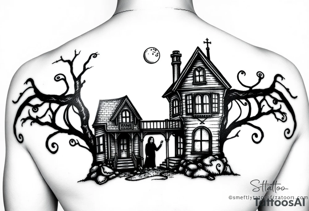Haunted house 
Friends holding hands 
Ill love you to the moon and to saturn tattoo idea