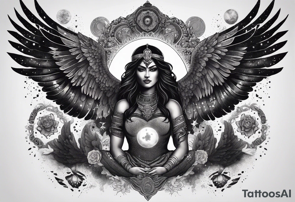 black kali, goddess pirate, alien, angel, pachamama, valkrye, warrior, flying, skull, lotus azul, wing, eagle, zenza resonance, stars, 5D, anahata chakra, death, durga, riding on a tiger, flying lady, kundalini, chest tatoo, samuri, rebel,serpent tattoo idea