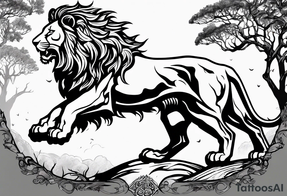 Create an oak tree in the shape of a roaring lion tattoo idea