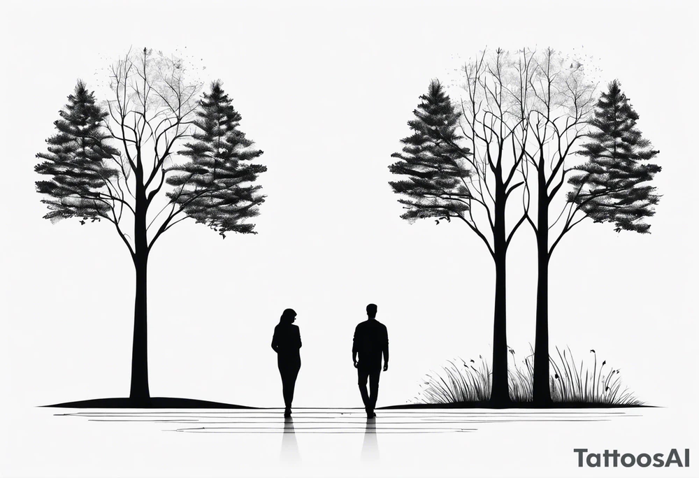 two tall silhouettes of trees and one small person standing between them with the symbol |-/ hidden somewhere in the design tattoo idea