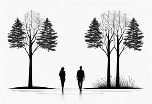 two tall silhouettes of trees and one small person standing between them with the symbol |-/ hidden somewhere in the design tattoo idea