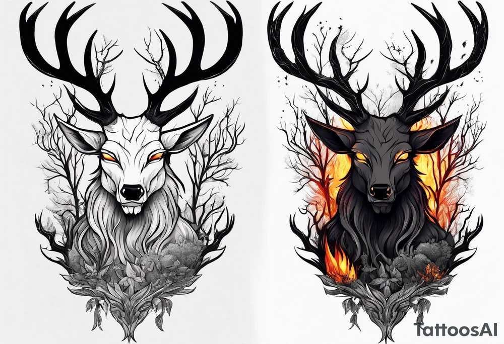 A spooky dead lore accurate wendigo surrounded by a forest fire in background tattoo idea