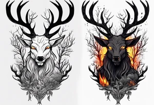 A spooky dead lore accurate wendigo surrounded by a forest fire in background tattoo idea