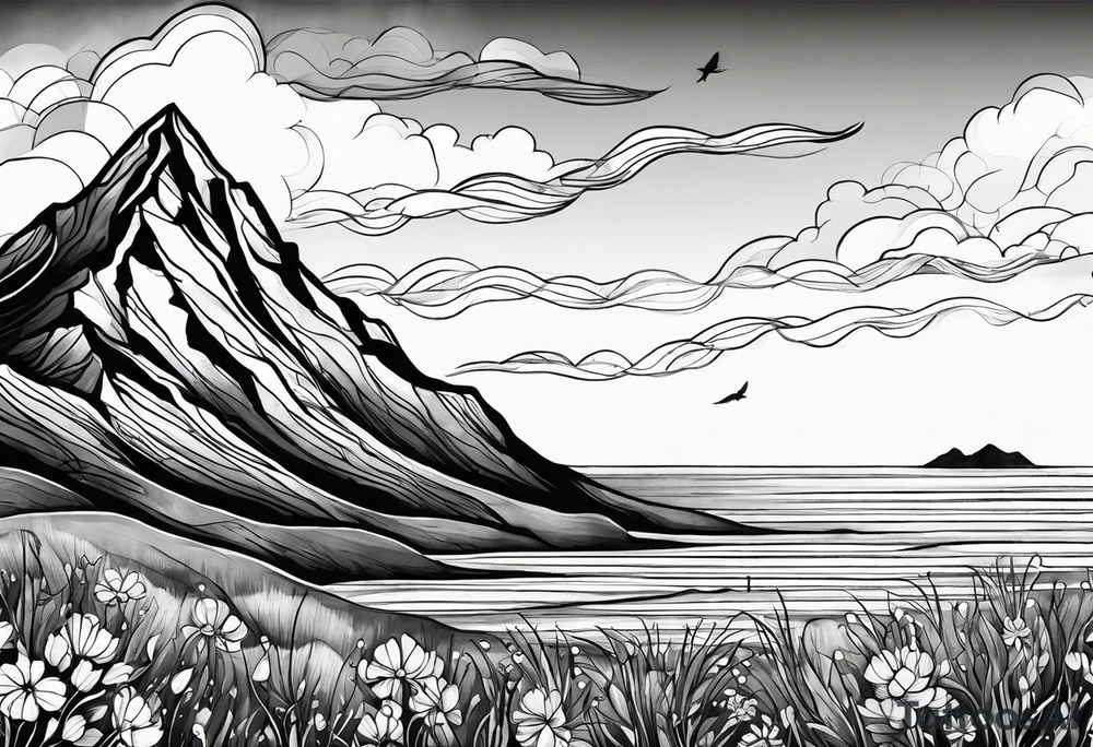 4-6in wildflower in watercolor represents overcoming challenges & strength - mountains, waves with a little sunshine tattoo idea