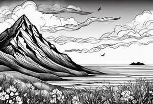 4-6in wildflower in watercolor represents overcoming challenges & strength - mountains, waves with a little sunshine tattoo idea