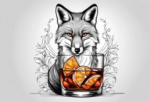 Fox with Negroni in short lowball cocktail glass with ice and orange peel tattoo idea