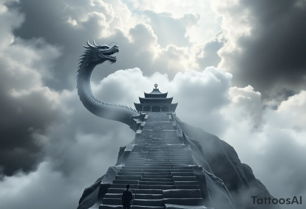 Um templo chinês majestoso no topo da composição, envolto por nuvens densas e etéreas, transmitindo uma sensação de mistério e espiritualidade. Uma longa escadaria de pedra se estende desde a base da tatuagem até o templo, simbolizando a jornada e a ascensão. Um dragão chinês em espiral envolve toda a escada, com o corpo sinuoso acompanhando cada degrau, como se estivesse protegendo o caminho sagrado. As nuvens se misturam ao corpo do dragão, criando movimento, profundidade e um visual harmonioso, reforçando a ideia de força, sabedoria e transcendência. tattoo idea