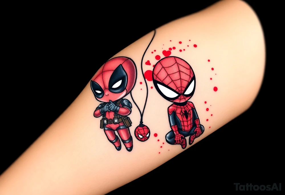 Project: Upper Arm Half-Sleeve Tattoo (Chibi Marvel Duo)
Placement: Upper Arm (Shoulder cap down to just above the elbow)
Reference Images: Chibi Deadpool (Image 1) and Chibi Spider-Man (Image 2)
Design Request & Layout:
* Please stack the characters dynamically to fit my upper arm. I'd like Deadpool positioned near the top/shoulder cap, and Spider-Man sitting near the bottom/above the elbow.
* Use the dangling spider and its web thread, along with loose, energetic construction lines, to transition between the two characters and wrap the design around the arm.
Art & Color Style:
* Linework: Please harmonize both characters into a singular, unified style—blending Deadpool's clean comic ink lines with Spider-Man's raw, cross-hatched sketchbook aesthetic.
* Color: The base of the tattoo should be gritty black-and-grey sketch shading. However, I want vibrant pops of red on their suits.
* The Splatter Effect: Instead of keeping the red cleanly inside the lines, please style the red color as a loose, dynamic watercolor/ink splatter effect that bursts out past their outlines and fades into the negative skin space. tattoo idea