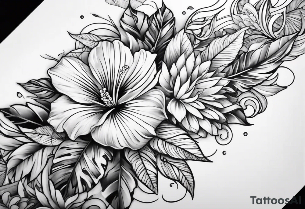 tropical and floral arm sleeve tattoo idea