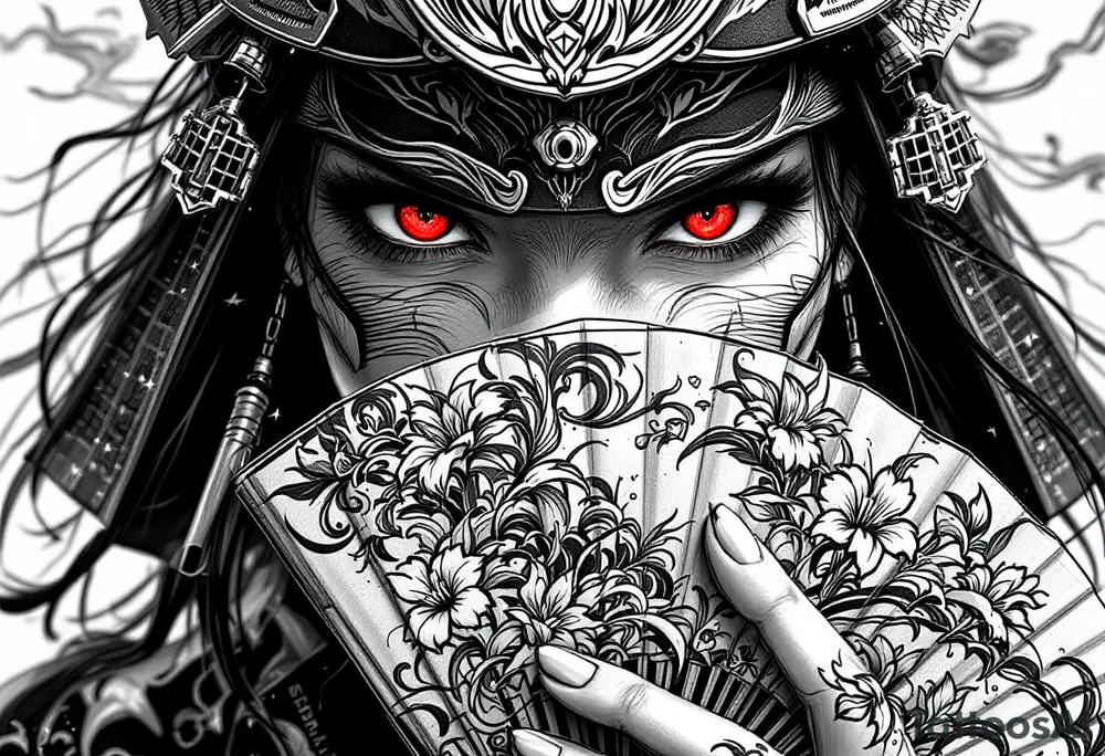 japanese samurai woman with red eyes wearing a kitsune half-mask and holding a fan with irises flowers ornement tattoo idea