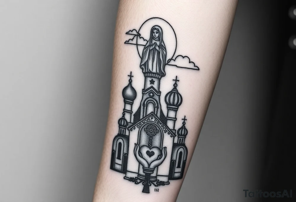 Russian Orthodox church with orthodox spire crosses, with a glow around the church, clouds above it and a virgin mary seperately looking over hands on heart sat above tattoo idea