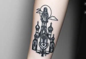 Russian Orthodox church with orthodox spire crosses, with a glow around the church, clouds above it and a virgin mary seperately looking over hands on heart sat above tattoo idea