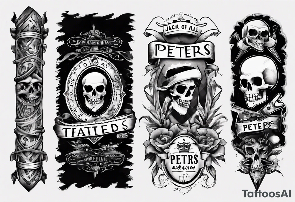 men’s arm sleeve, the name Peters, jack of all trades, without skull tattoo idea