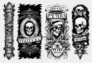 men’s arm sleeve, the name Peters, jack of all trades, without skull tattoo idea
