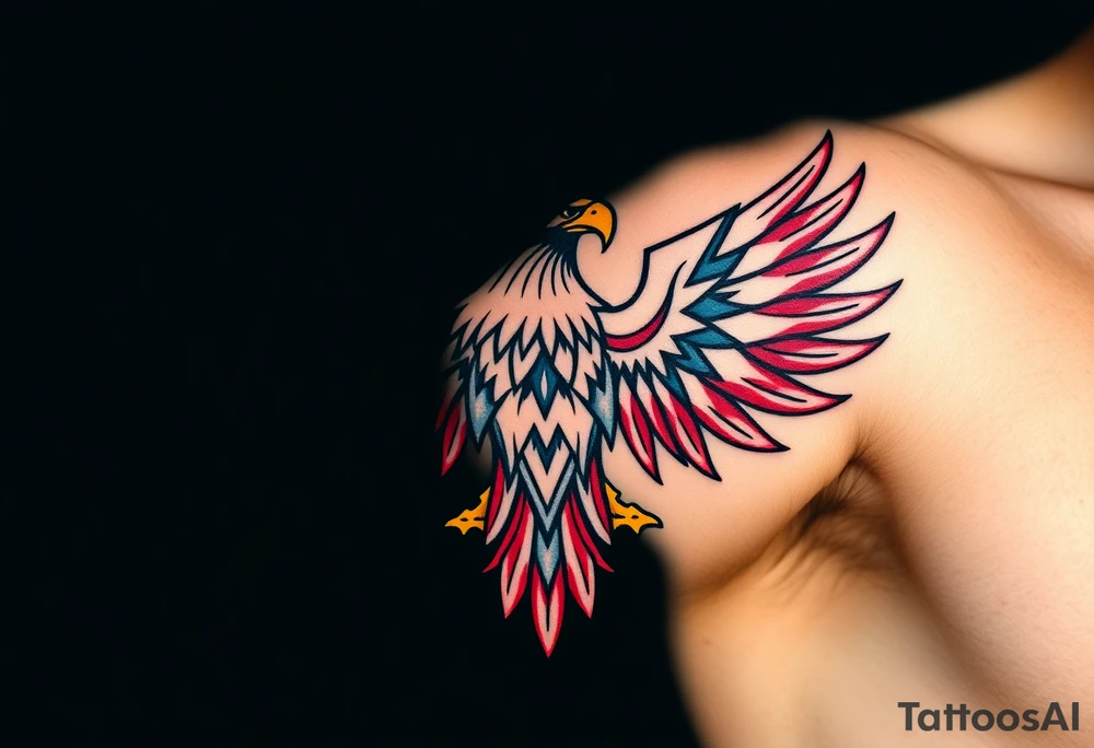 A majestic red and white Moravian eagle with golden crown on its head with intricate tribal patterns tattoo idea