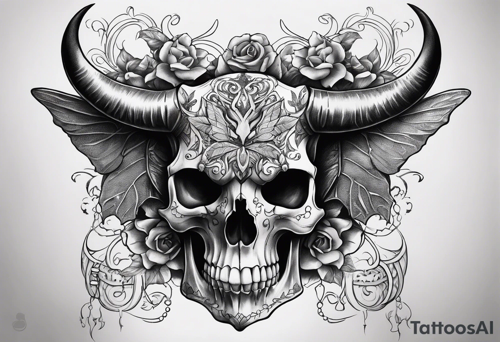 Full body torso tattoo, taurus skull with curved horns on the chest, ripping bone and skin on the shoulders and chest area, rib cage skeleton, skull moth on the stomach with a small skull underneath tattoo idea