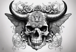 Full body torso tattoo, taurus skull with curved horns on the chest, ripping bone and skin on the shoulders and chest area, rib cage skeleton, skull moth on the stomach with a small skull underneath tattoo idea