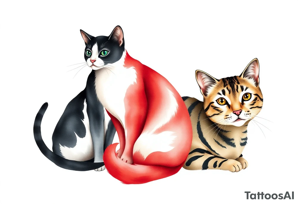 three cats, one black and white cat, one red and white cat and one tabby cat tattoo idea
