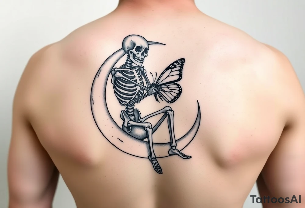 Skeleton sitting on crescent moon holding butterfly tattoo idea Skeleton sitting on crescent moon holding butterfly tattoo idea