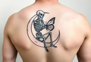 Skeleton sitting on crescent moon holding butterfly tattoo idea