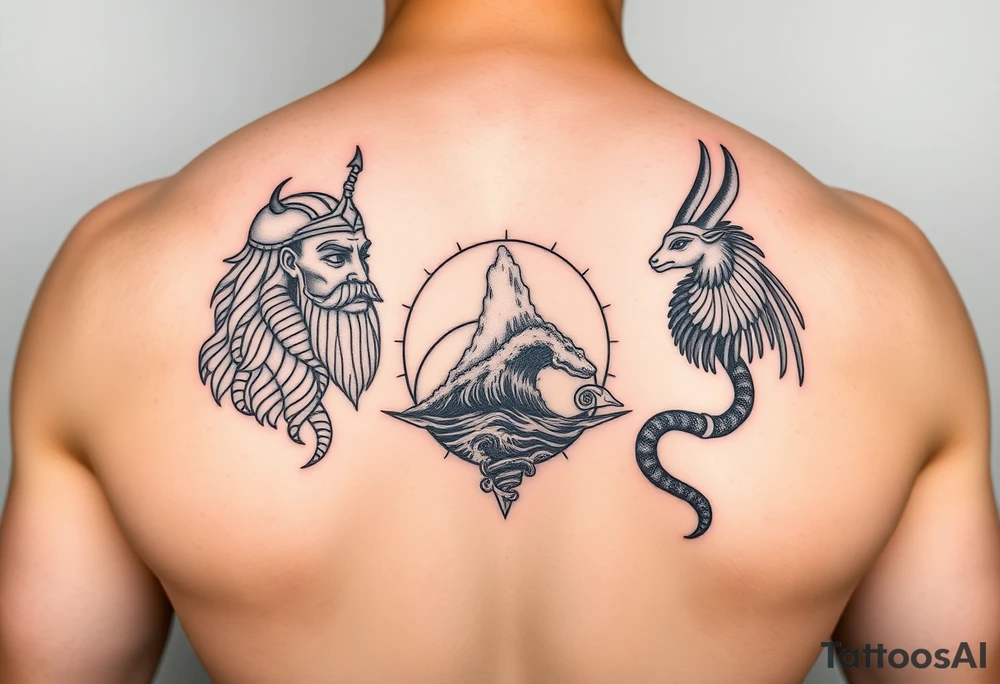 Realism with geographical line art with anubis on right with Odin on the left with ocean art in middle for back tattoo idea