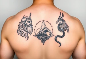 Realism with geographical line art with anubis on right with Odin on the left with ocean art in middle for back tattoo idea