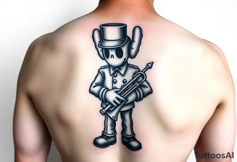 kaws figure wearing Jim Hill High School band uniform holding a mellophone tattoo idea