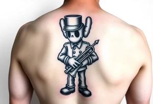 kaws figure wearing Jim Hill High School band uniform holding a mellophone tattoo idea