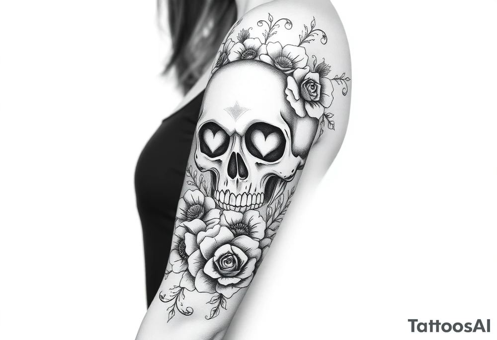 A half sleeve with Gothic pretty skull with heart shaped eyes surrounded by wildflowers and roses tattoo idea